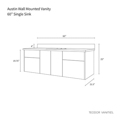 Austin 60", Teodor® Wall Mount Natural White Oak Vanity
