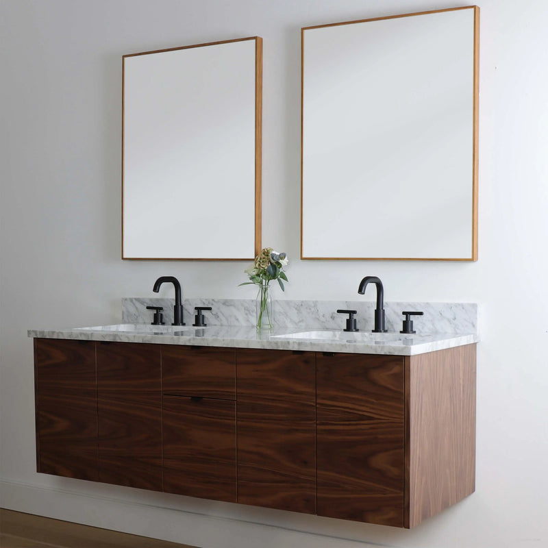 Austin 60" Wall Mount American Black Walnut Bathroom Vanity, Double Sink - Teodor Vanities