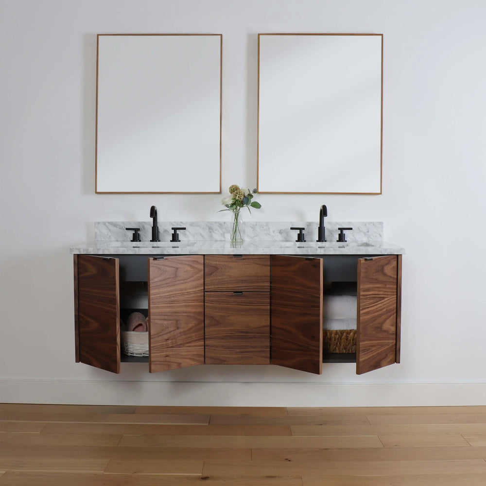 
                  
                    Austin 60" Wall Mount American Black Walnut Bathroom Vanity, Double Sink - Teodor Vanities
                  
                