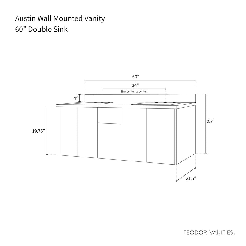 Austin 60", Teodor® Modern Wall Mount American Black Walnut Vanity, Double Sink Teodor
