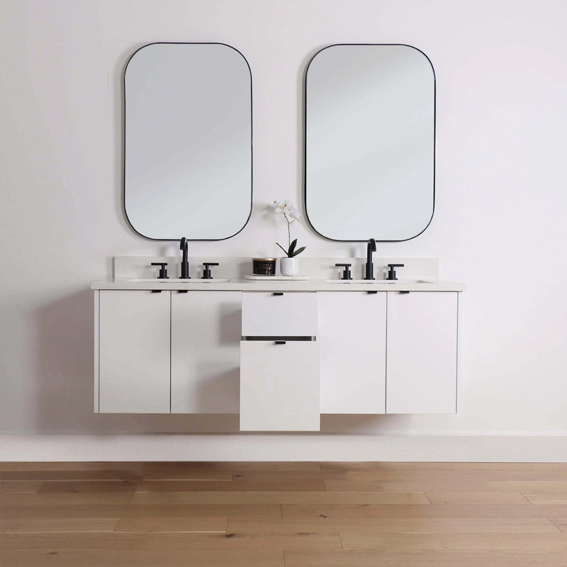 Austin 60", Teodor® Modern Wall Mount Gloss White Vanity, Double Sink