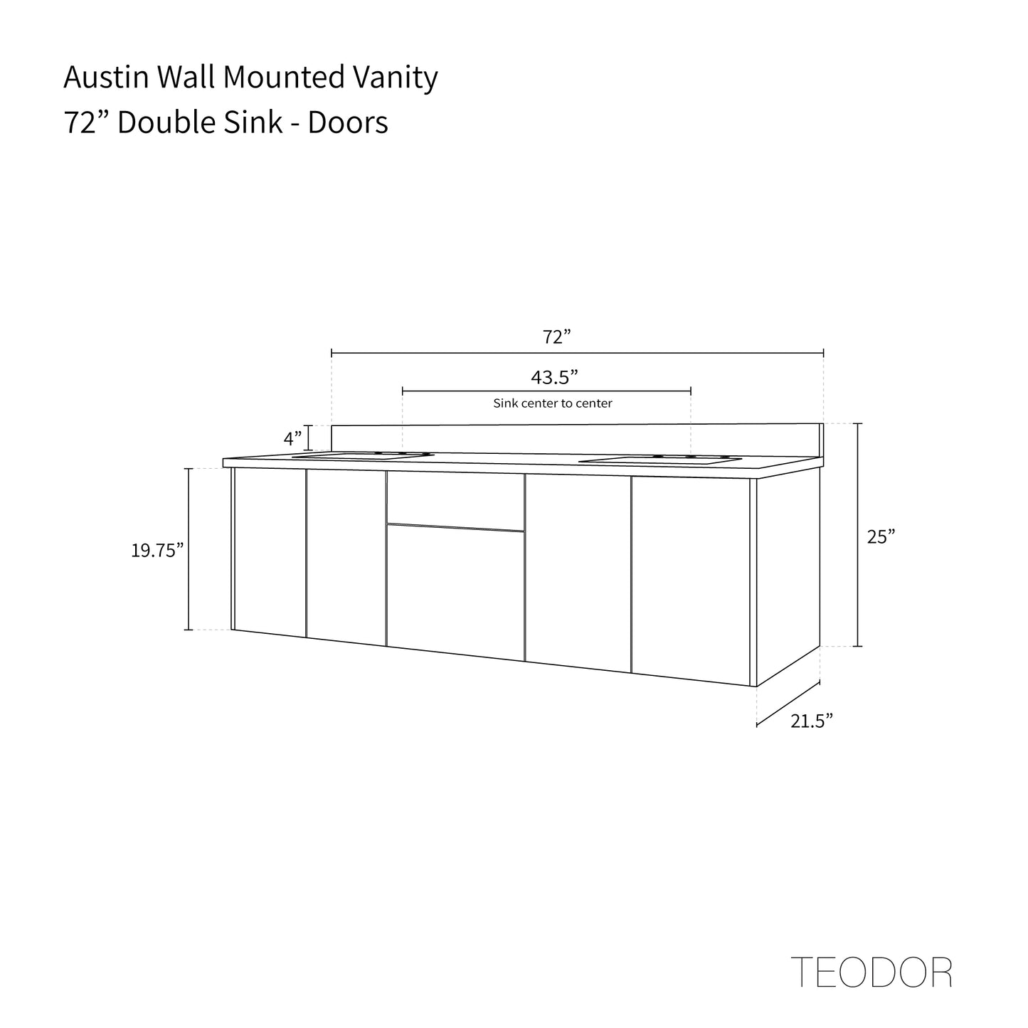 
                  
                    Austin 72" Wall Mount American Black Walnut Bathroom Vanity, Double Sink - Teodor Vanities
                  
                