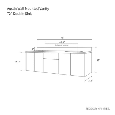 Austin 72", Teodor® Modern Wall Mount Gloss White Vanity, Double Sink