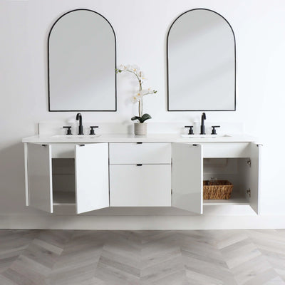 Austin 72" Wall Mount Gloss White Bathroom Vanity, Double Sink