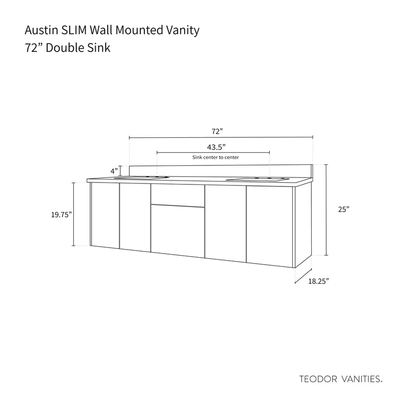 Austin SLIM 72" Wall Mount American Black Walnut Bathroom Vanity, Double Sink - Teodor Vanities