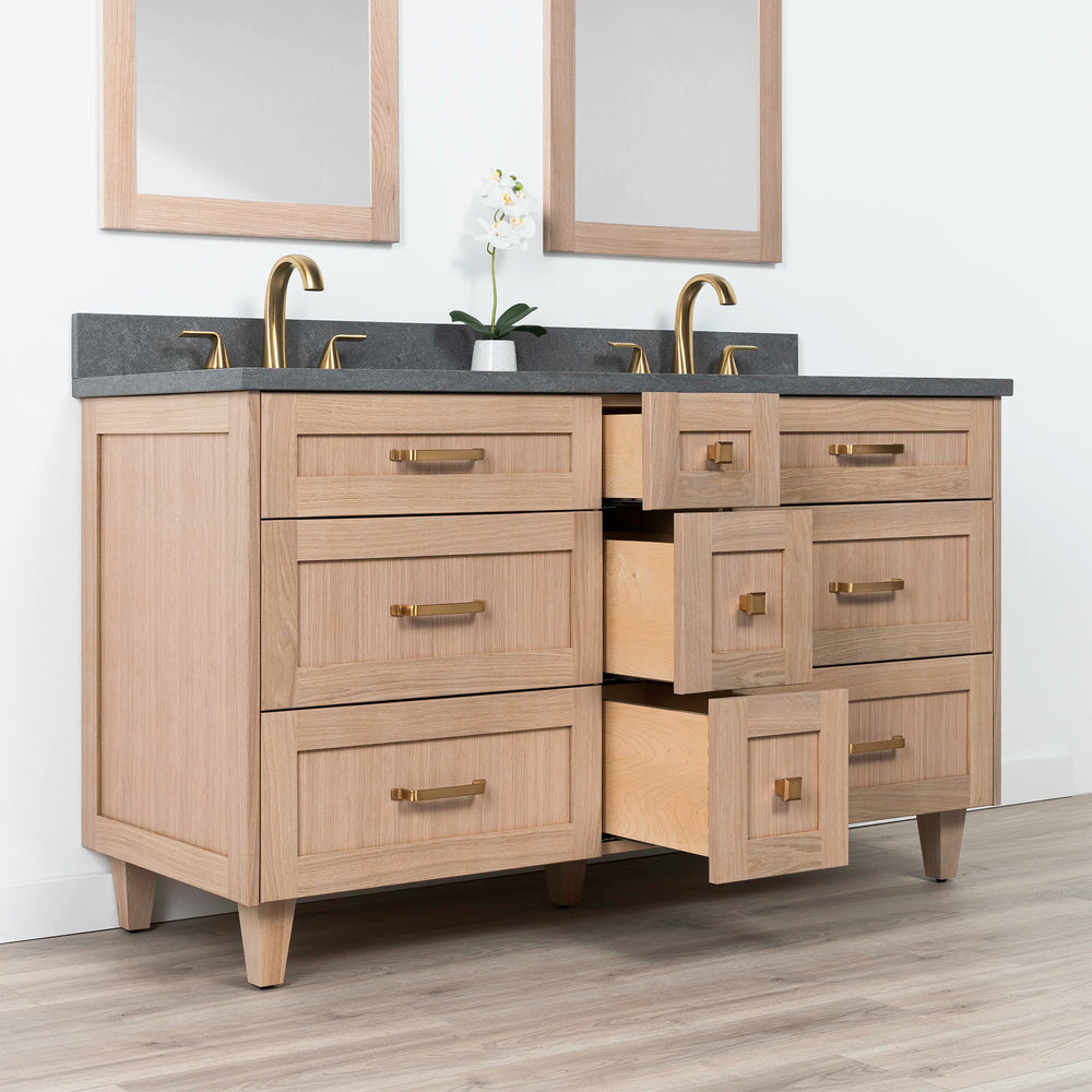 
                  
                    Bridgeport 60" White Oak Bathroom Vanity, Double Sink w/ Drawers
                  
                