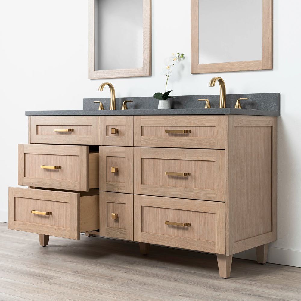 
                  
                    Bridgeport 60" White Oak Bathroom Vanity, Double Sink w/ Drawers
                  
                