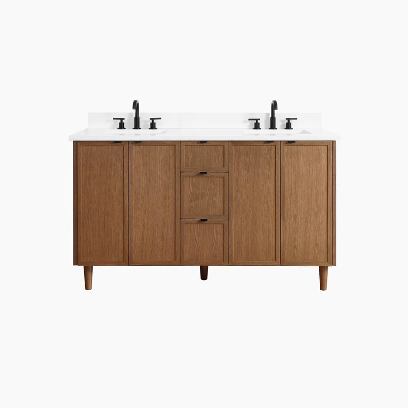 Cape Breton 60" Mid Century Oak Bathroom Vanity, Double Sink