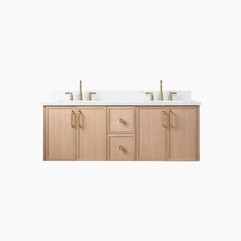 Cape Breton 60" Wall Mount White Oak Bathroom Vanity, Double Sink