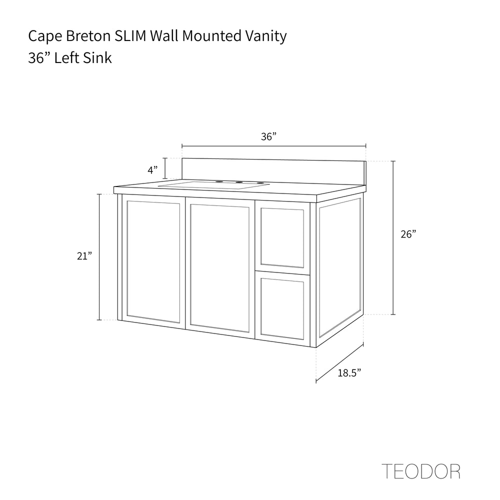 
                  
                    Cape Breton SLIM 36" Wall Mount Satin White Bathroom Vanity, Left Sink
                  
                