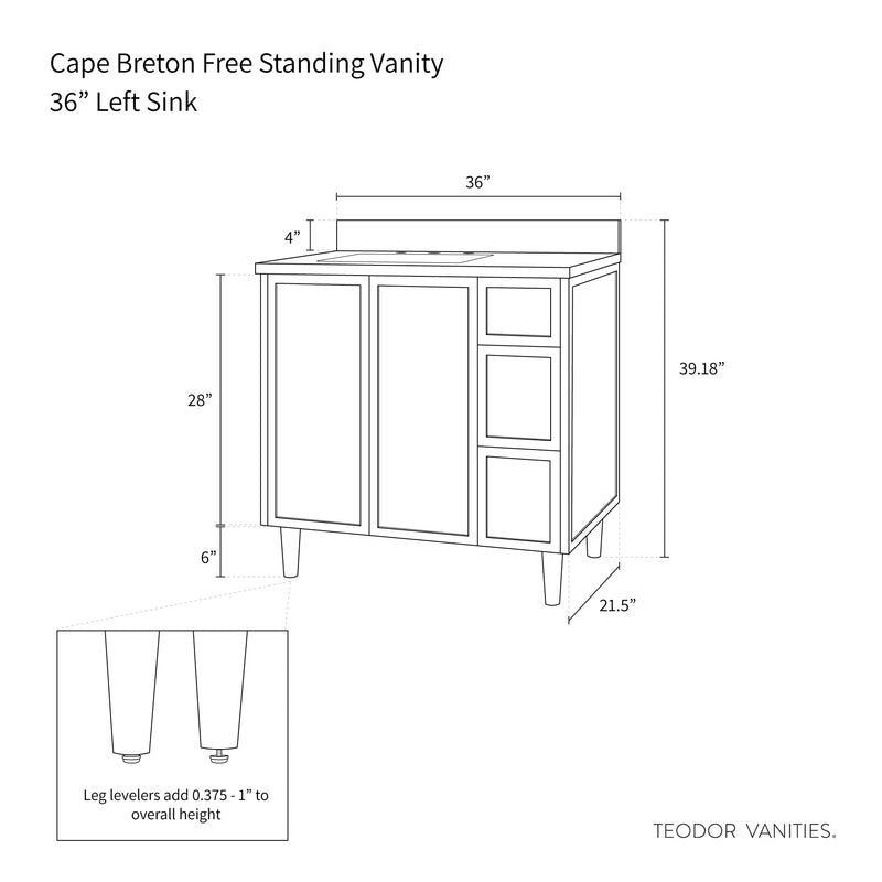 Cape Breton 36", Teodor® Satin White Vanity, Left Sink
