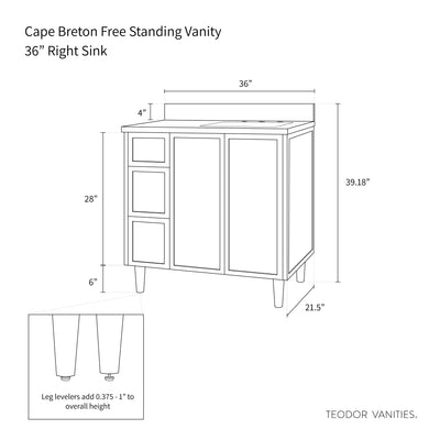 Cape Breton 36", Teodor® Mid Century Oak Vanity, Right Sink