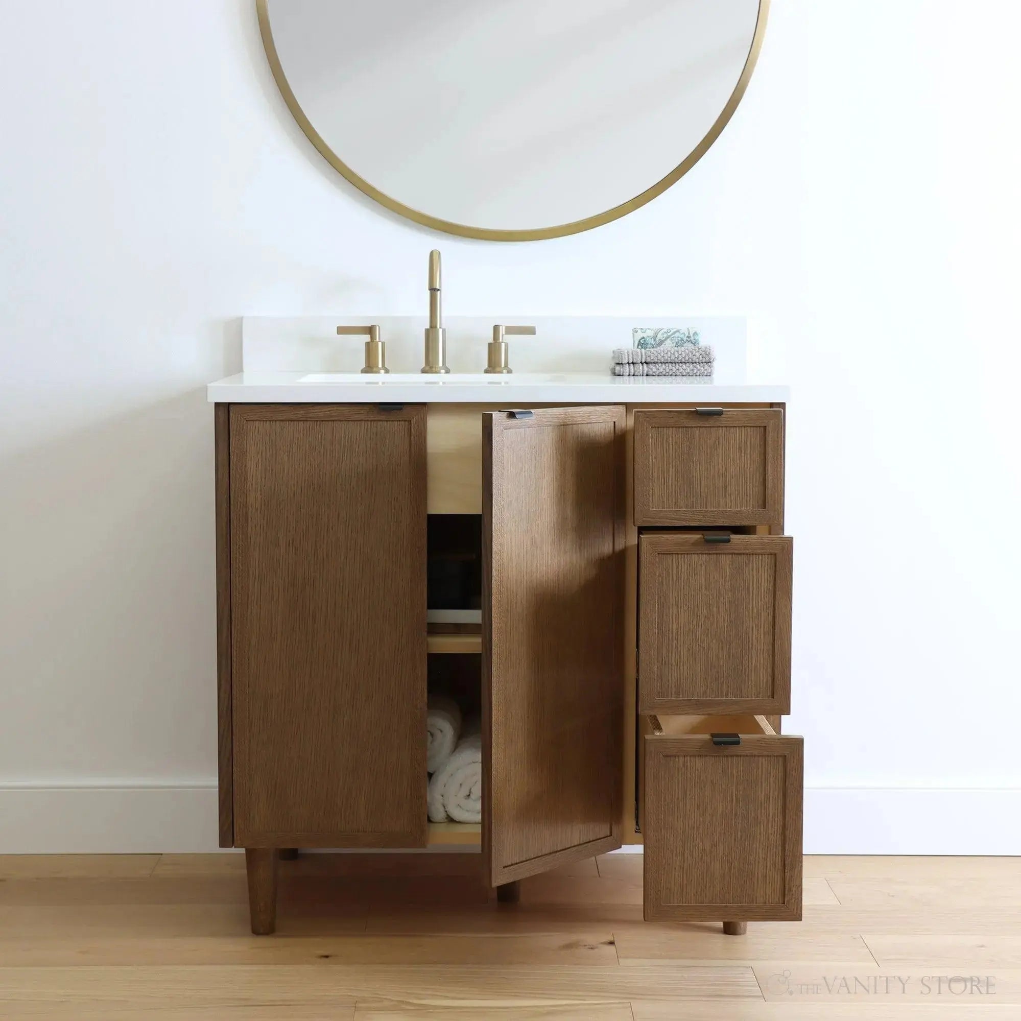 Cape Breton 36" Mid Century Oak Bathroom Vanity, Left Sink - Teodor ...