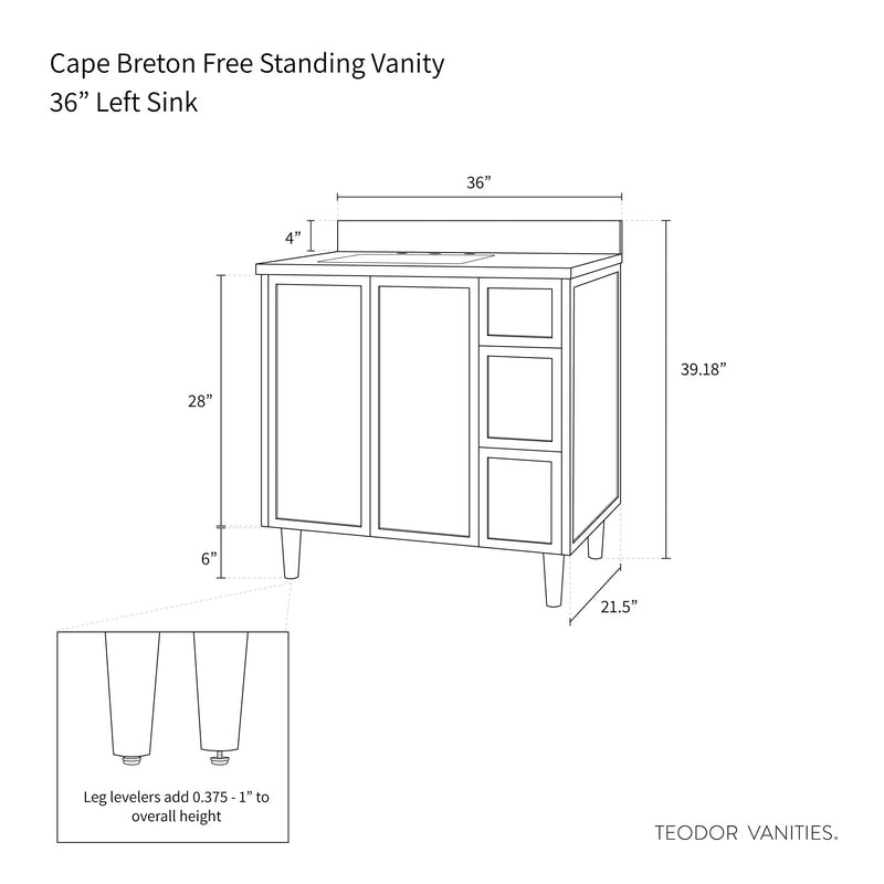 Cape Breton 36", Teodor® Satin White Vanity, Left Sink Teodor Bathroom VanityCanada