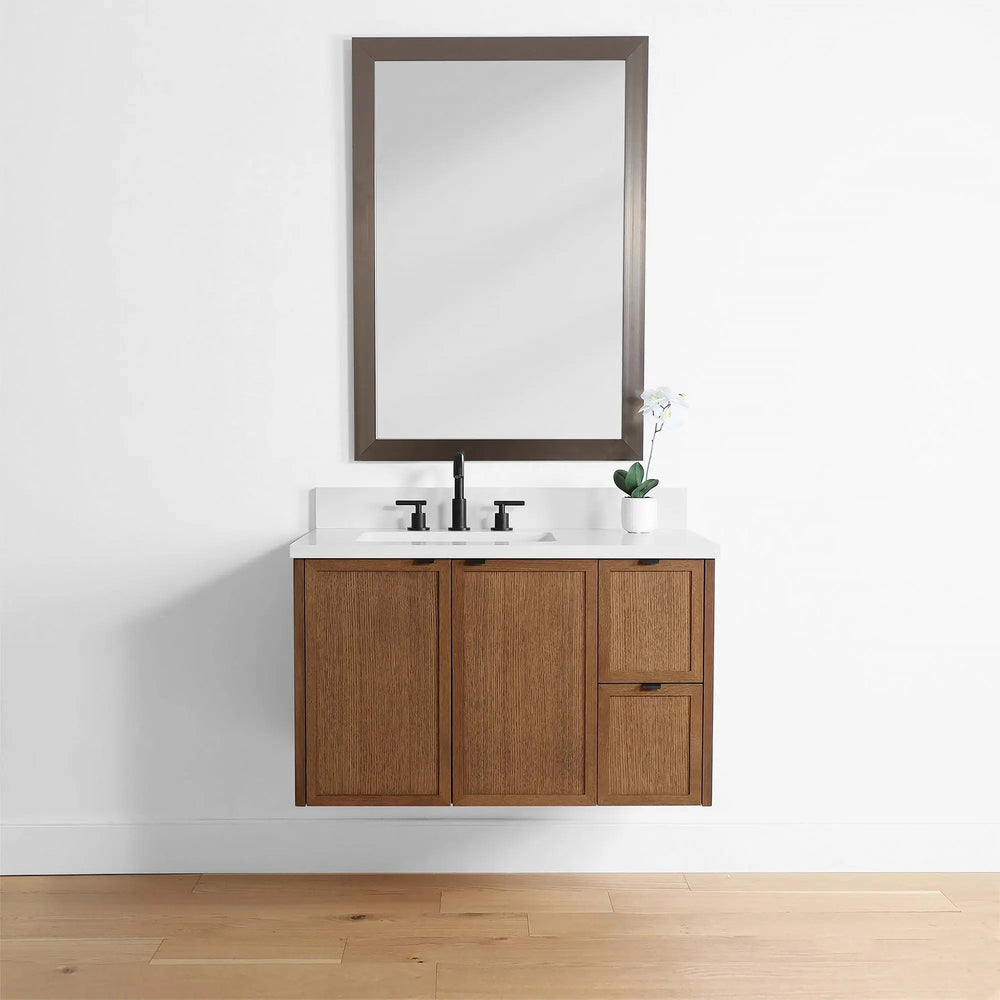 Cape Breton 36", Teodor® Wall Mount Mid Century Oak Vanity, Left Sink Teodor Bathroom VanityCanada