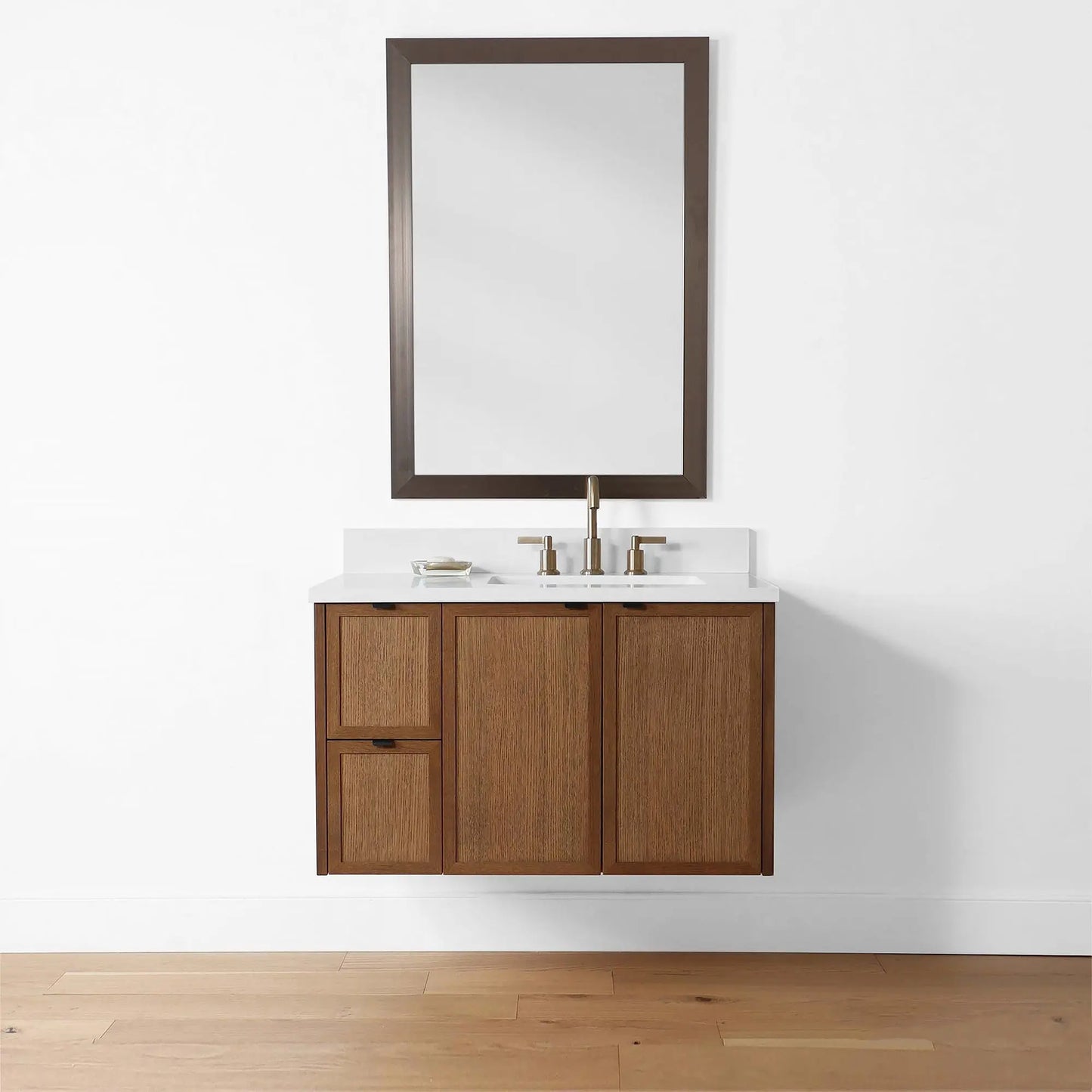 Cape Breton 36", Teodor® Wall Mount Mid Century Oak Vanity, Right Sink Teodor Bathroom VanityCanada