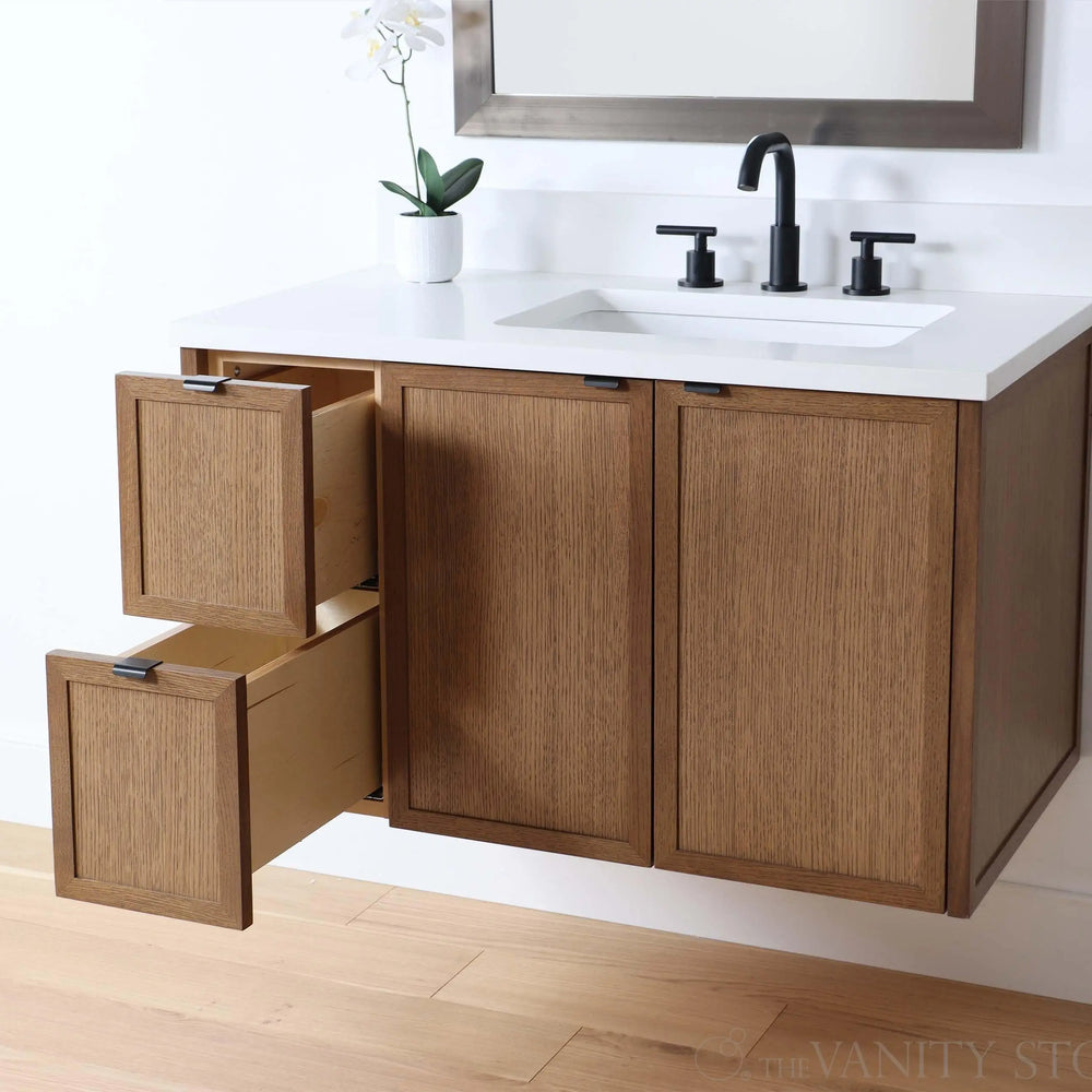
                  
                    Cape Breton 36" Wall Mount Mid Century Oak Bathroom Vanity, Right Sink
                  
                