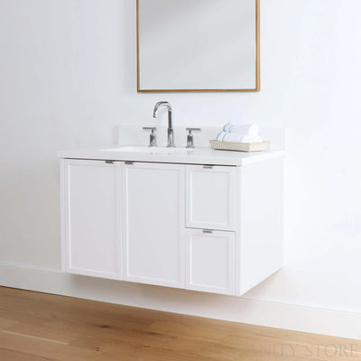 Cape Breton 36", Teodor® Wall Mount Satin White Vanity, Left Sink