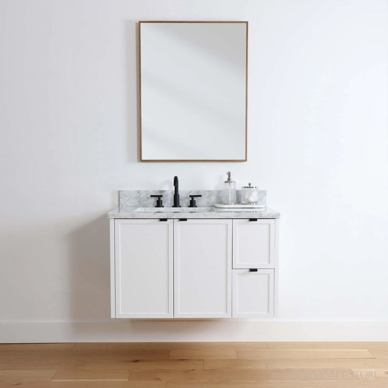 Cape Breton 36", Teodor® Wall Mount Satin White Vanity, Left Sink