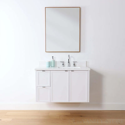 Cape Breton 36" Wall Mount Satin White Bathroom Vanity, Right Sink