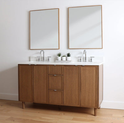 Cape Breton 60" Mid Century Oak Bathroom Vanity, Double Sink