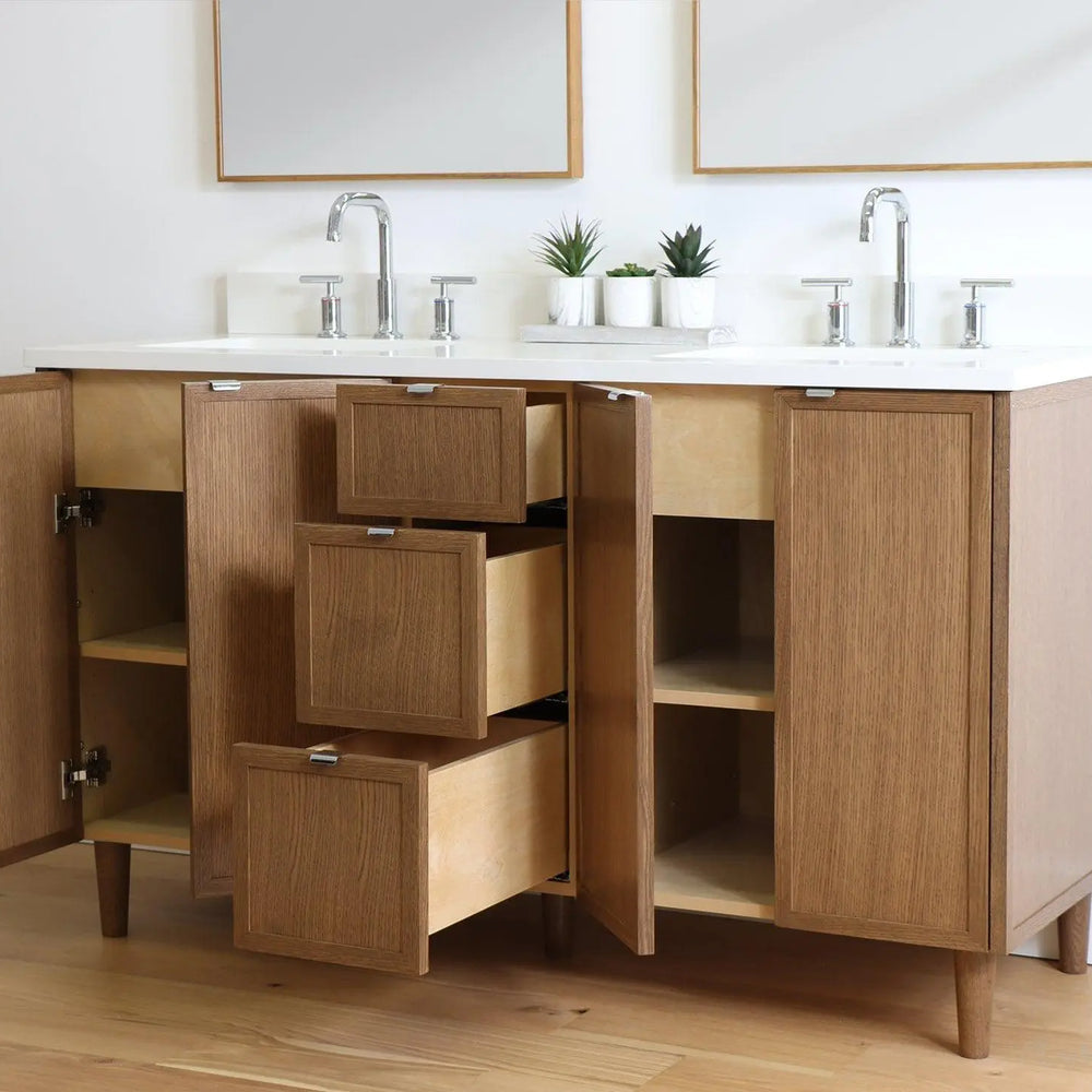 
                  
                    Cape Breton 60" Mid Century Oak Bathroom Vanity, Double Sink
                  
                