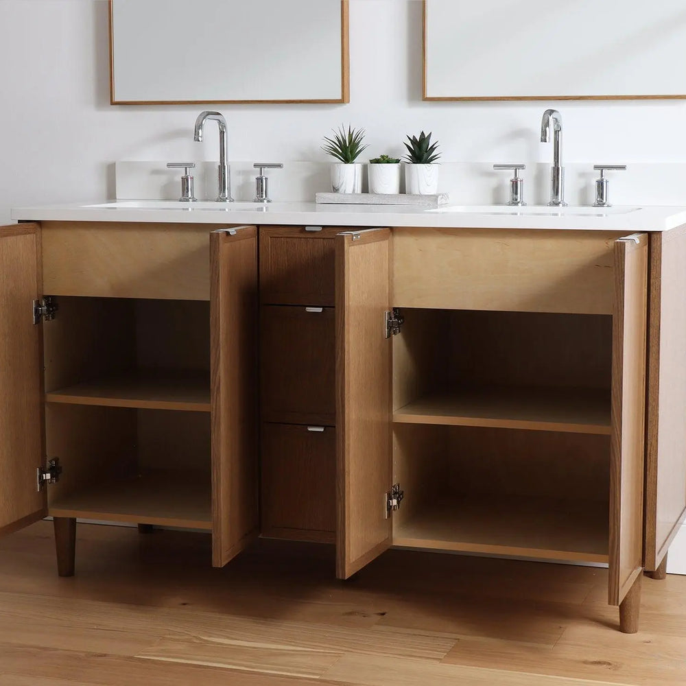 
                  
                    Cape Breton 60" Mid Century Oak Bathroom Vanity, Double Sink
                  
                