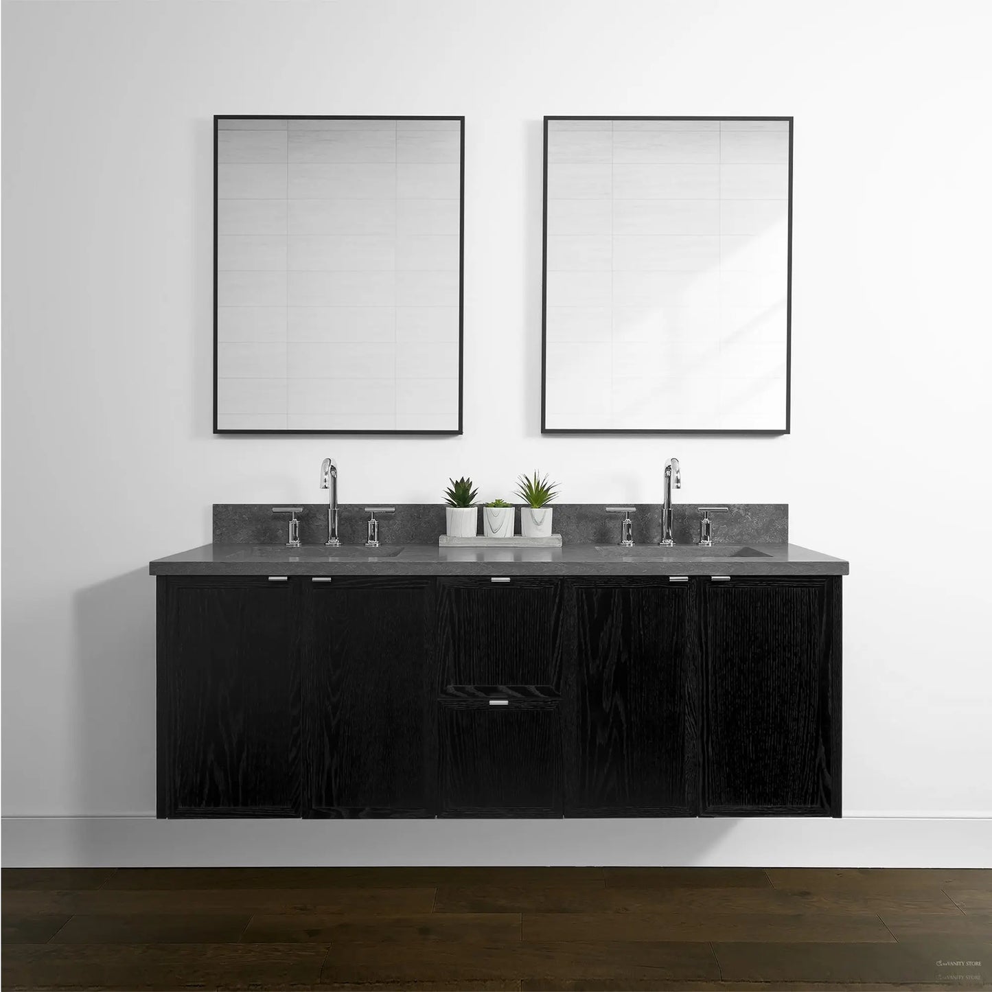 Cape Breton 60" Wall Mount Blackened Oak Bathroom Vanity, Double Sink - Teodor Vanities