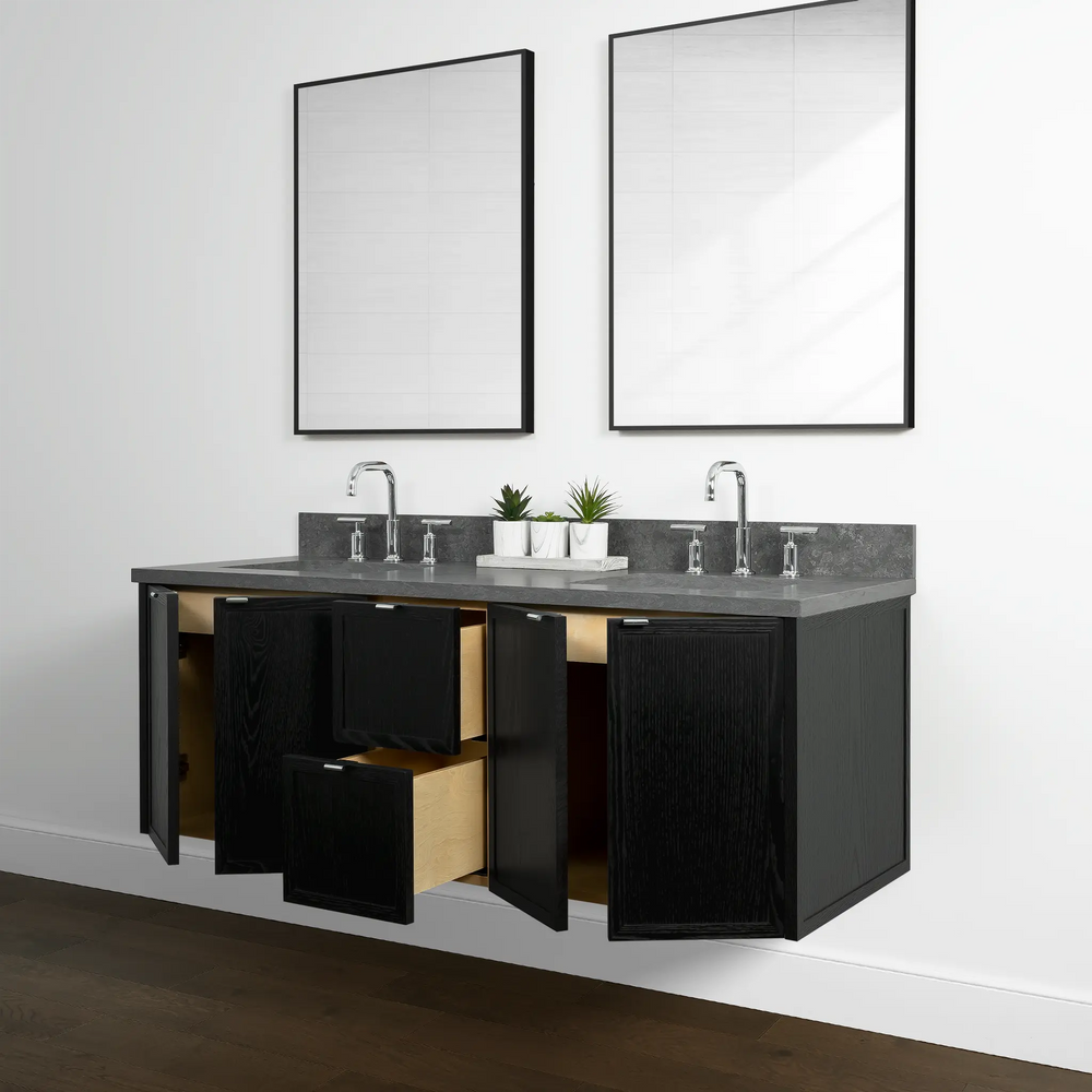 
                  
                    Cape Breton 60" Wall Mount Blackened Oak Bathroom Vanity, Double Sink - Teodor Vanities
                  
                