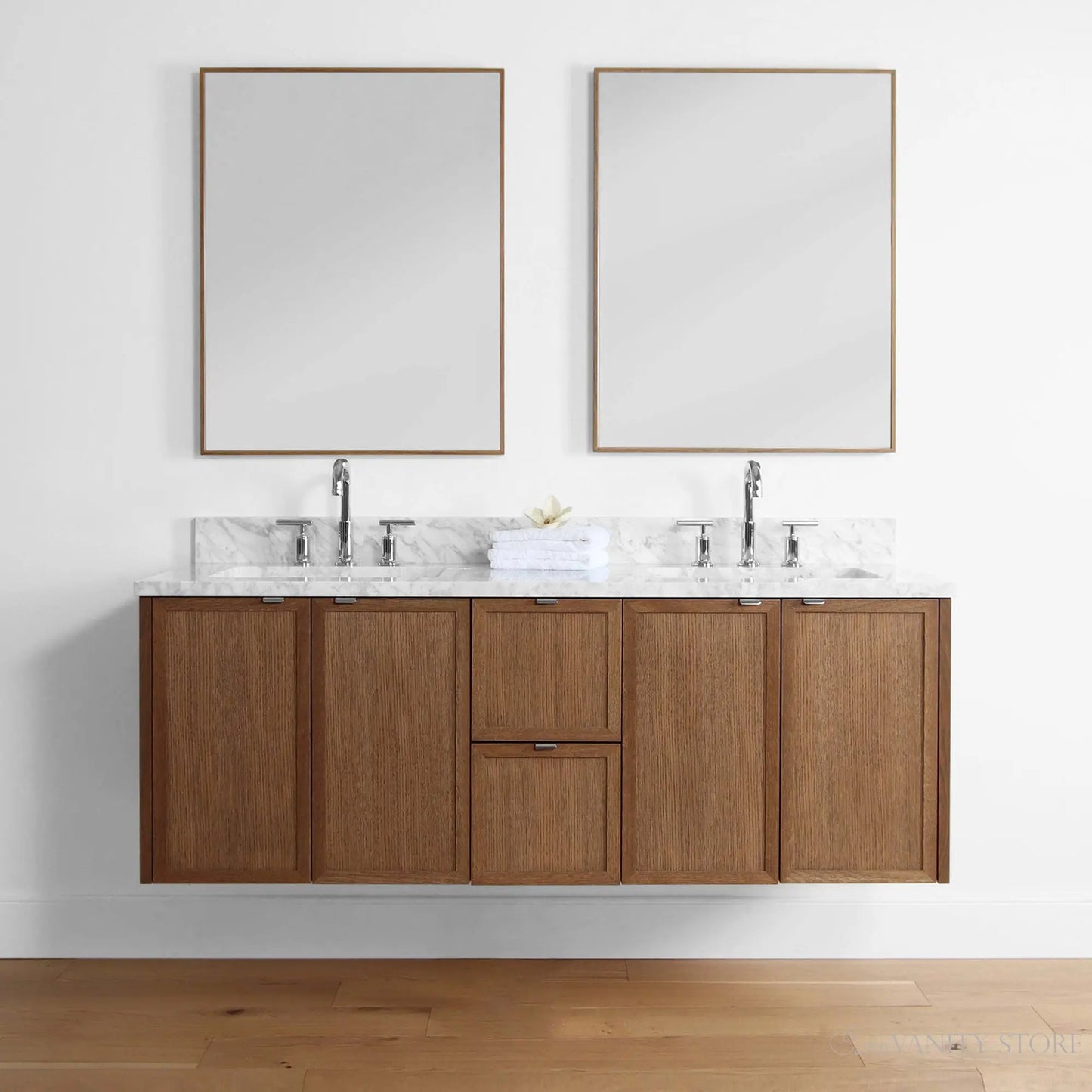 Cape Breton 60" Wall Mount Mid Century Oak Bathroom Vanity, Double Sink - Teodor Vanities