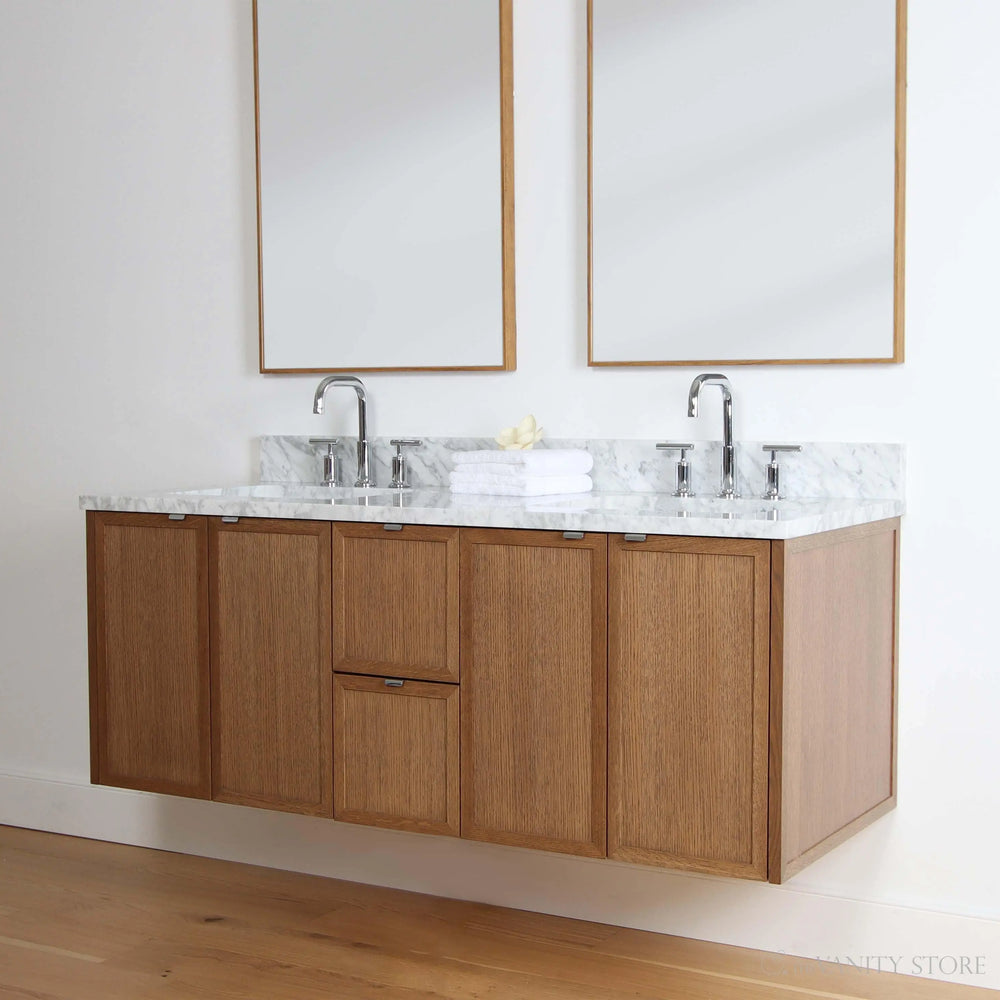 
                  
                    Cape Breton 60" Wall Mount Mid Century Oak Bathroom Vanity, Double Sink - Teodor Vanities
                  
                