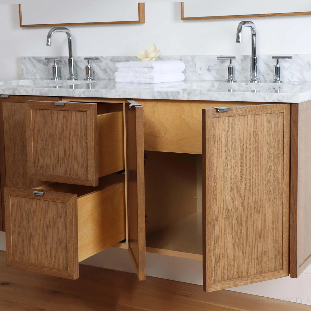 
                  
                    Cape Breton 60" Wall Mount Mid Century Oak Bathroom Vanity, Double Sink - Teodor Vanities
                  
                