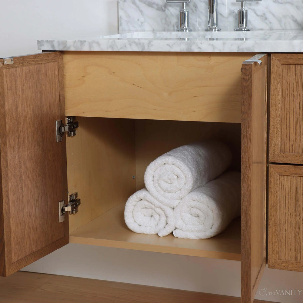 
                  
                    Cape Breton 60" Wall Mount Mid Century Oak Bathroom Vanity, Double Sink - Teodor Vanities
                  
                