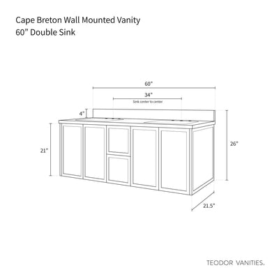 Cape Breton 60", Teodor® Wall Mount Mid Century Oak Vanity, Double Sink Teodor Bathroom VanityCanada