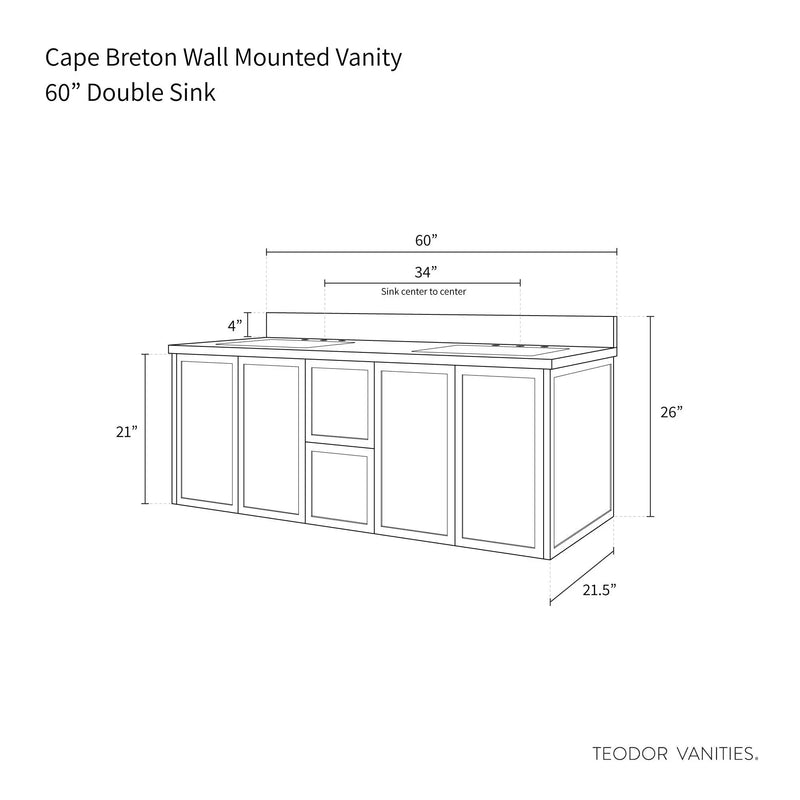 Cape Breton 60", Teodor® Wall Mount Mid Century Oak Vanity, Double Sink Teodor Bathroom VanityCanada
