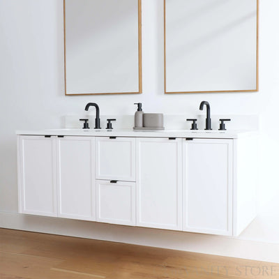 Cape Breton 60" Wall Mount Satin White Bathroom Vanity, Double Sink
