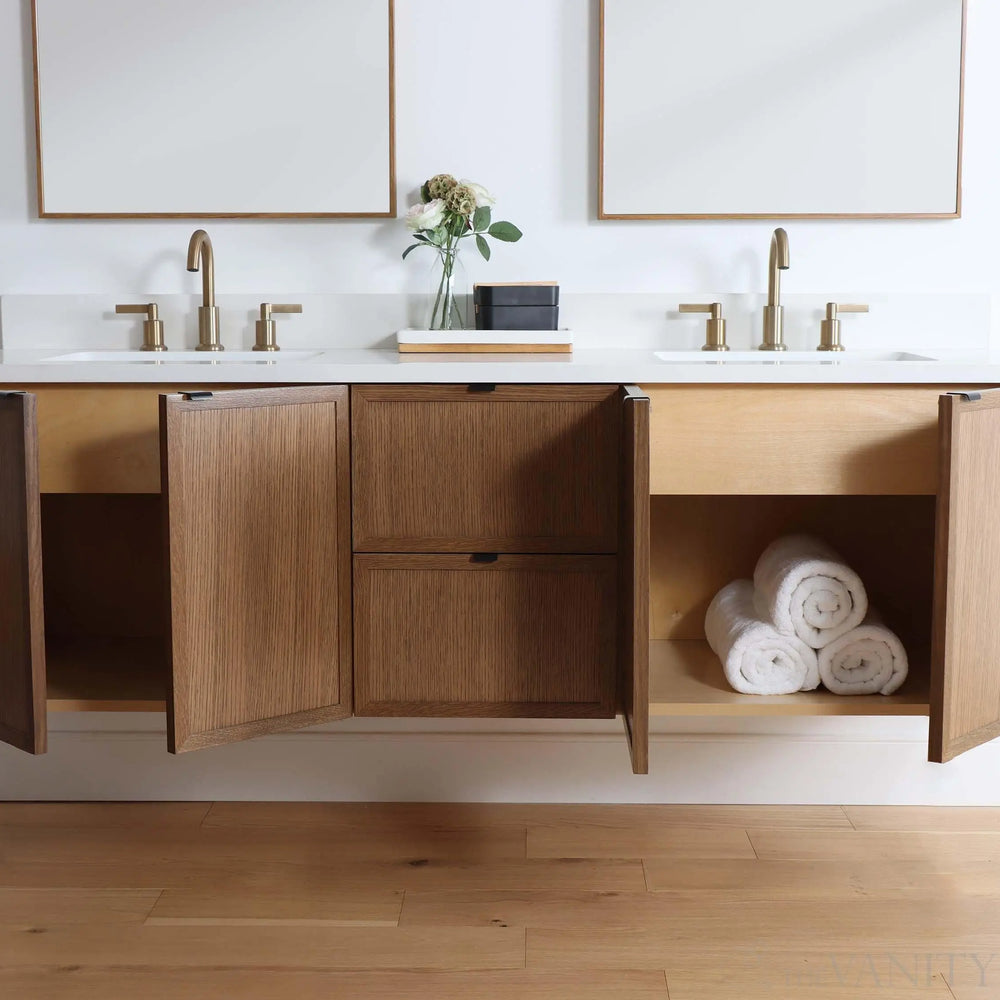 
                  
                    Cape Breton 72" Wall Mount Mid Century Oak Bathroom Vanity, Double Sink
                  
                