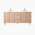 
                  
                    Wooden bathroom vanity with white countertop and dual sink on a white background
                  
                