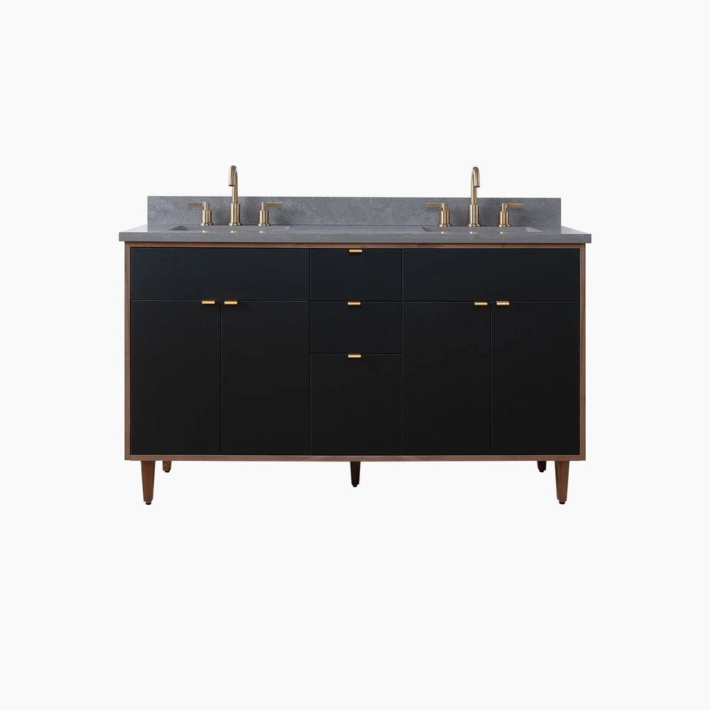 Sidney SLIM 60" Matte Black Bathroom Vanity, Double Sink