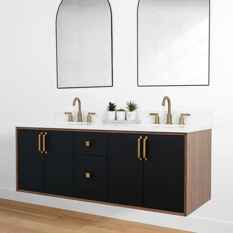 Sidney 60" Wall Mount Matte Black Bathroom Vanity, Double Sink