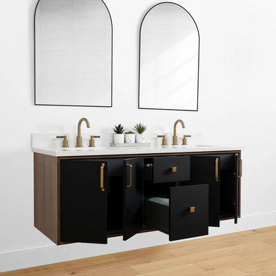 Sidney 60" Wall Mount Matte Black Bathroom Vanity, Double Sink