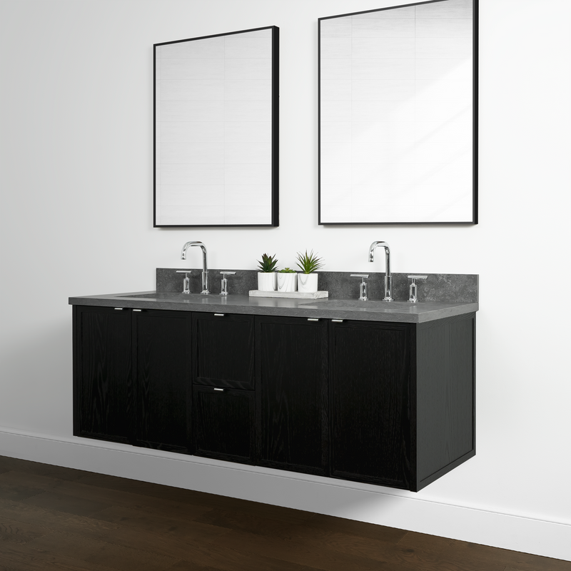 Cape Breton 60", Teodor® Wall Mount Blackened Oak Vanity, Double Sink