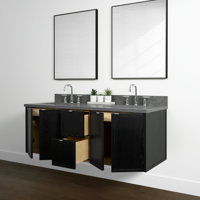 Cape Breton 60", Teodor® Wall Mount Blackened Oak Vanity, Double Sink