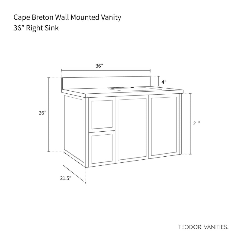 Cape Breton 36", Teodor® Wall Mount Mid Century Oak Vanity, Right Sink
