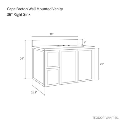 Cape Breton 36", Teodor® Wall Mount White Oak Vanity, Right Sink