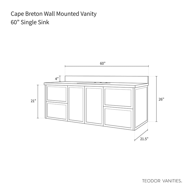 Cape Breton 60", Teodor® Wall Mount Satin White Vanity