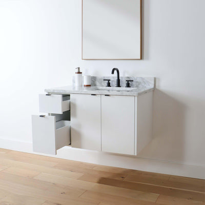 Austin 36", Teodor Modern Wall Mount Gloss White Vanity, Right Sink - The Vanity Store Canada