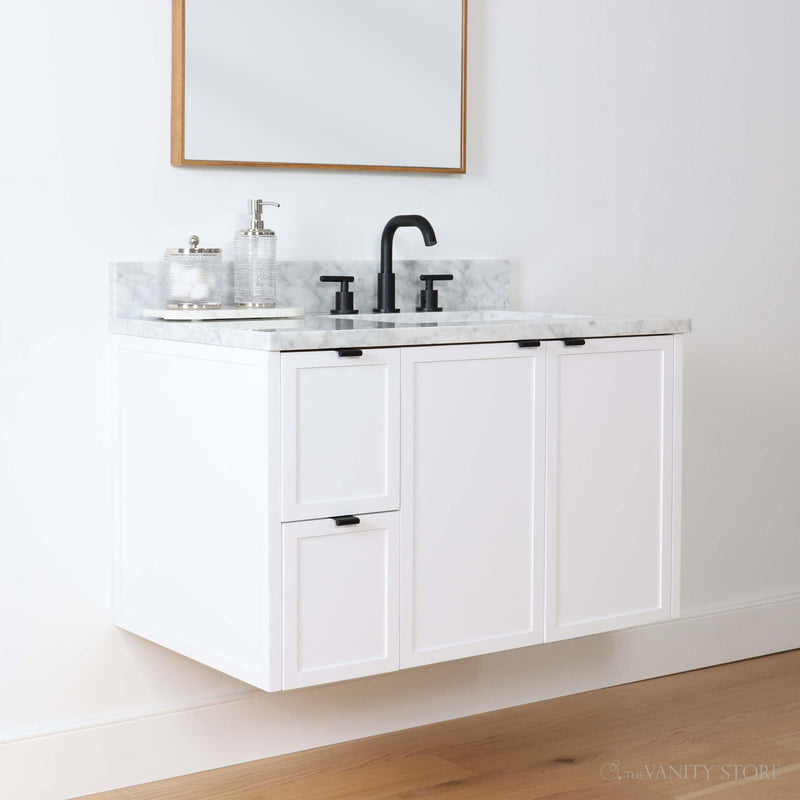 Cape Breton 36", Wall Mount Satin White Vanity, Right Sink - The Vanity Store Canada