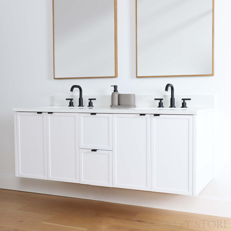 Cape Breton 60", Wall Mount Satin White Vanity, Double Sink - The Vanity Store Canada