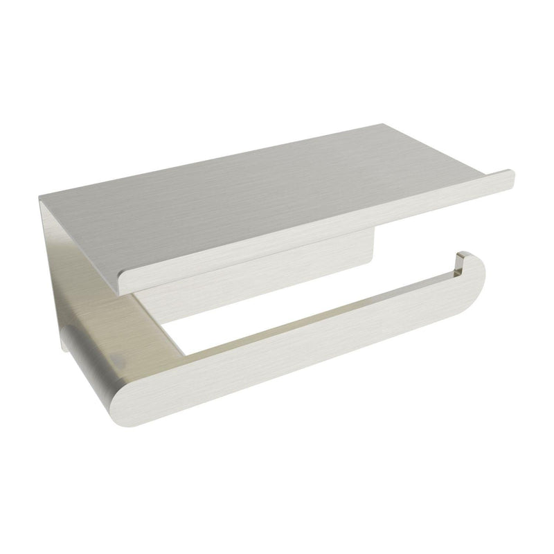 Flow Toilet Paper Holder with Shelf, Brushed Nickel, Volkano Series - The Vanity Store Canada